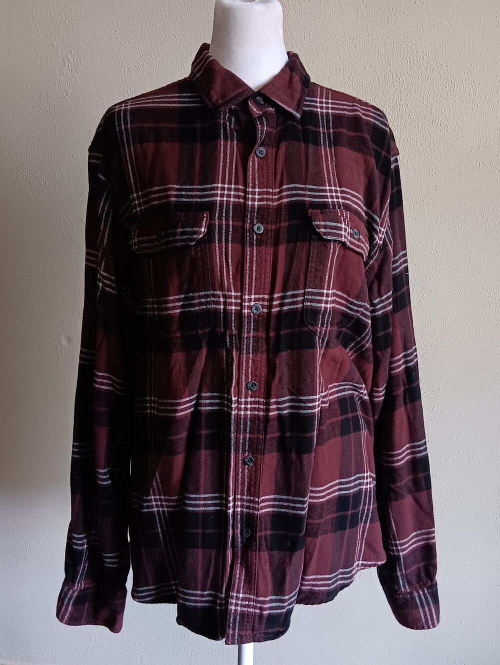 Mens Maroon Burgundy Plaid Button Up Shirt George XL, Fall Autumn Long Sleeve